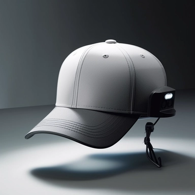 A modern headlamp is prominently clipped above the brim of a baseball cap. The headlamp takes on a rectangular shape, with a sleek and stylish overall appearance. It is made of metal and high-strength plastic materials, showcasing a sense of durability. The lamp housing is designed in a rectangular form with smooth edges, and it features a bulb or LED light source positioned at the top. The headlamp's bulb emits a soft yet bright light, providing clear illumination. Adjacent to the lamp, there i