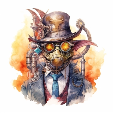 Create a realistic watercolor portrait of a steampunk circus master wearing a gas mask and goggles, standing in front of a mesmerizing mechanical fire-breathing dragon, transparent background, clipart, clear outlines