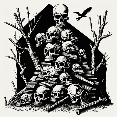 piles of skuls and bones, medeval woodcut, clipart, black and white