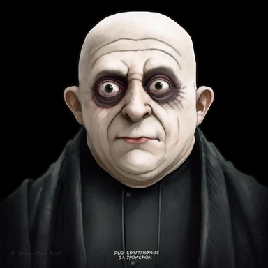 charming Fester Addams from the movie The Addams Family by Barry Sonnenfeld, watercolor by mary whyte, romantism, clear line, white solid background, clipart, gothic