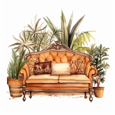 watercolor, hyper realistic, white background, white margins, 16k, ultra detailed clipart, cut out image, hand-drawn an illustration with a couch and plants, in the style of craftcore, website, luminous watercolors, aztec art, beige and amber