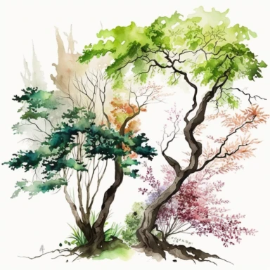 Watercolor, Japanese Maple Trees, old, long branches, Clipart, springtime japanese trees, forest, grass, white background