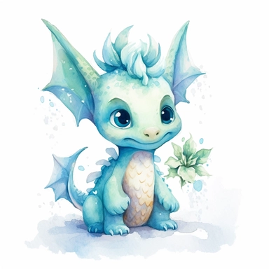 Cute happy Watercolor frost Baby Dragon Clipart, on a white background--s 1000