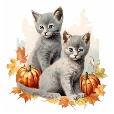 autumn themed russian blue kittens, vintage clip art