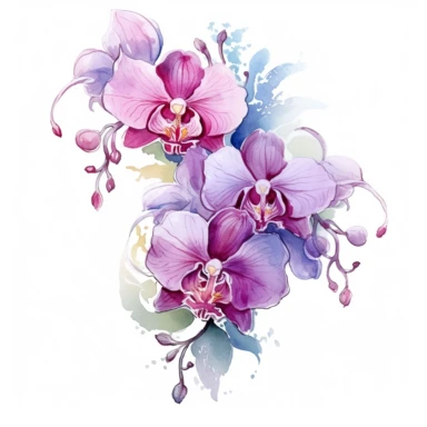 watercolor Orchid Delight floral line for decoration, style of Pierre-joseph redoute, png, clipart, hd, contour white outline, isolated on white background
