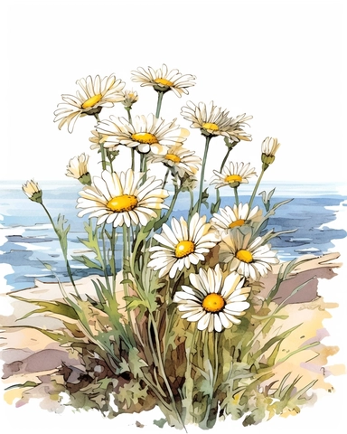 beautiful daisies on the beach clipart, colored pencil drawing, minimalism, carefree summer day, contour, isolated white background, no shadows,