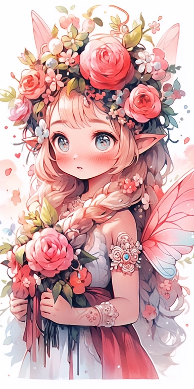 Watercolor beautiful wild roses fantasy forest fairy girl with beautiful face and big eyes with flowers, with angel wing, chibi kawaii animated style, vivid vibrant colors, intricate detail, hyper detailed, hyper quality, 32K, unreal engine, isolated on white background, kawaii, clipart