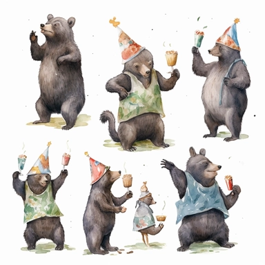 multiple poses characters of Black Bear enjoy with party in the garden, watercolor in medieval cartoon grunge style clipart on white background