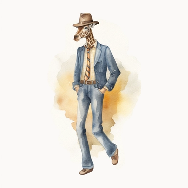 watercolour of A Giraffe wearing a white shirt with a light brown vest on top and slim-fit blue denim pants, He completes his outfit with black leather Oxford shoes and a wide-brimmed dark brown felt hat, clipart, colourful, pastel, 4k, single sheet, realistic, medium shot