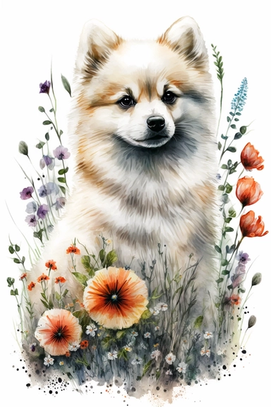 watercolor cute puppy american eskimo dog and wildflowers, white background, children book illustration, hyper realistic, 8k, ultra detailed clipart, warm colors, black ink style