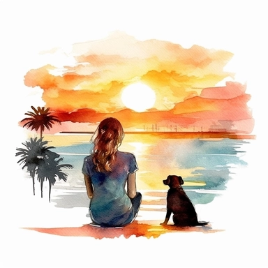 Young woman with dog sitting together on the beach and enjoying the sunset watercolor clipart in white background