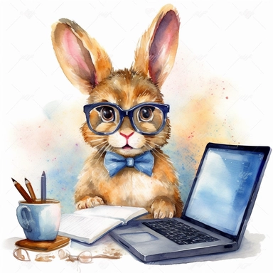 watercolor clipart, very cute single funny bunny, in style Information Technology Specialist, working on a computer, with glasses, big and adorable eyes, funny and floppy ears, white background