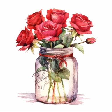 red roses, in mason jar, detailed, clip art, aquarelle, no text, white background