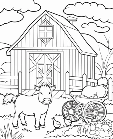 Create a coloring page featuring various farm animals like cows, chickens, pigs, and horses. Include a barn or a fenced pasture in the background coloring page with Farming background design as an outline art drawing with thick bold clear lines that are neatly joined up together, outline, clipart, no colors, no shadows, no details, HD