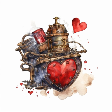 a steampunk device blowing out red heart poker cards, watercolor style, clipart, white background