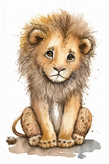 Watercolor cute lion clipart, outline, color pastel, high quality, aesthetic style, illustration isolated on white background
