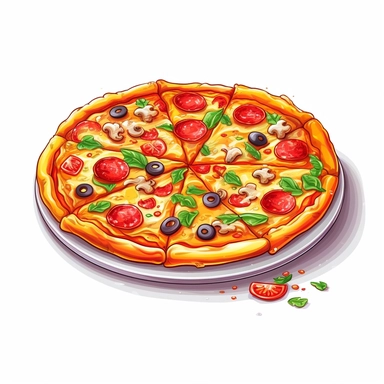 A pizza, cartoon, detailed, clip art, white background, no shadow