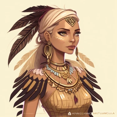 cartoon clipart beautiful american indian woman with tribal feather necklaces and bracelets ,features Alicia Mujica Art stile, whole body, GOLD AND PINK , LUXURY, GLAMOUROUS, INTRINCATE