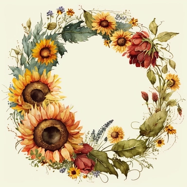 watercolor clipart illustration of a sunflower wreath with other flowers. Use warm, vibrant colors and make the overall style of the illustration cheerful and uplifting