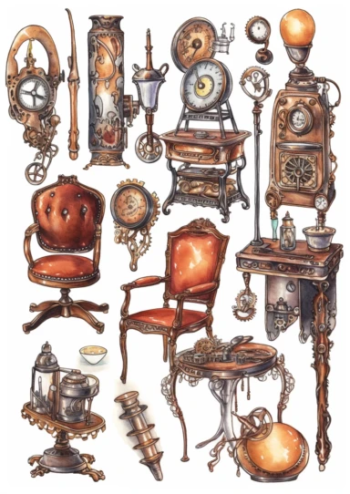 watercolor steampunk mechanical tools clipart set like mirror, lipstick, hat, chair, jewels, highly detailed ,clipart, hd, on white background, spaced out