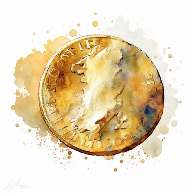 golden coin, dollar, watercolor, clip art, white background,