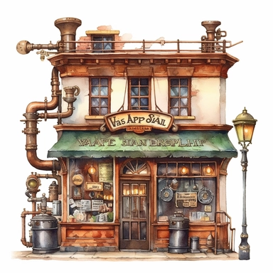 Steampunk-inspired café storefront with copper pipework, aged metal walls, steam valves, and an authentic steam whistle adorning the entrance. This cafe tells a tale of a time when steam ruled the world. Hyper-realistic, watercolor Cafe Storefront Clipart, white background