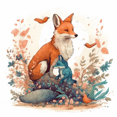 A whimsical scene of a fox and a rabbit sitting on a tree branch, surrounded by a flurry of leaves and flowers. The fox and rabbit are rendered in Marumiyan's signature style, Clipart, 8k, HD, white background