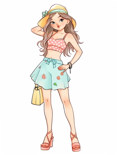 cute summer girl full body drawing, illustration clipart, detailed, black outline, white background, digital art, watercolor,,