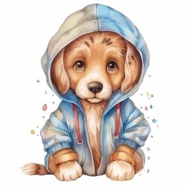 cute puppy wearing a hoodie, watercolor illustration clipart,