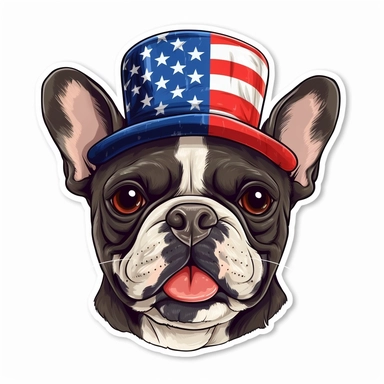 sticker, white background, french bulldog, open mouth, in style Independence Day in usa, hat with an american flag, clipart