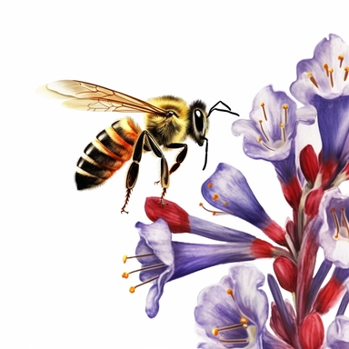 create a watercolor clipart of honey bee flying towards iris flower bunch, fully focused, sharp image , clipart on a white background