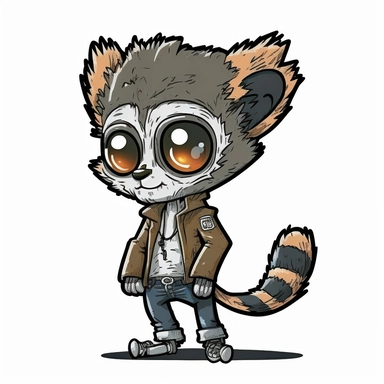 small cute anthropomorphic chibi lemur animal, standing on two legs, dressed like a man, wearing jeans and t-shirt, clipart, in sticker style, in comics style, cell shading