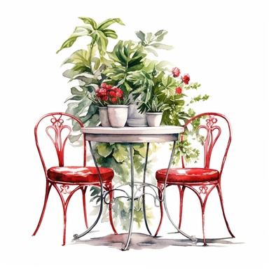 A watercolor picture of a table and small chairs, in the style of colorful gardens, dreamlike atmospheres, red green and white tones, maximalistic detailing, clean sharp focus, isolated on White background, in the style of hyper realistic illustrations , on a white background. clipart