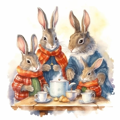 charming family of 4 bunnies, mom and dad, 2 kids, Christmas morning in their cosy homy, festive decor and mood, fireplace, hot chocolates, ornamental watercolor, clipart
