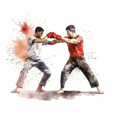 Jeet Kune Do fight, Karate, highly detailed, watercolor, clipart, illustration, white background, digital painting, paper crafting, no signature, no text