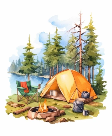 watercolor about camping activities, flat color, element, clipart, digital art, one by one isolated on white background, no noise, 300 DPI,