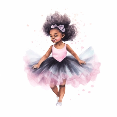 little black girl dancing in tutu, watercolor, pastels, whitebackground, clipart