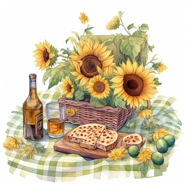 watercolor, hyper realistic, white background, white margins, 16k, ultra detailed clipart, cut out image, hand-drawn illustration style for picture books a picnic blanket, surrounded by towering sunflowers. Use warm golden tones for the flowers and green tones for the grassy field