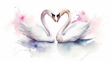Cute watercolor Clipart Love presenting a pair of graceful swans forming a heart shape with their elegant necks and intertwined bodies. The swans are depicted against a serene white background, symbolizing purity and devotion. The watercolor painting captures the swans' beauty and grace, using delicate brushstrokes and subtle shades of white and gray to evoke a sense of timeless love and serenity,