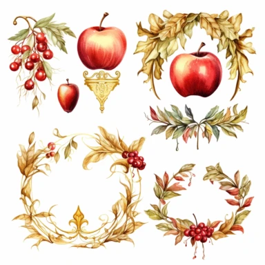 gold leaf and red apple frames, rococo, icicles, watercolor clipart
