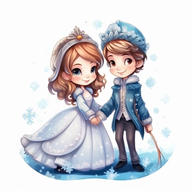 Cute snow Princess and prince Sublimation Clipart,Cartoon,hyper realistic, intricate detail, illustration style,high solution,on the white background