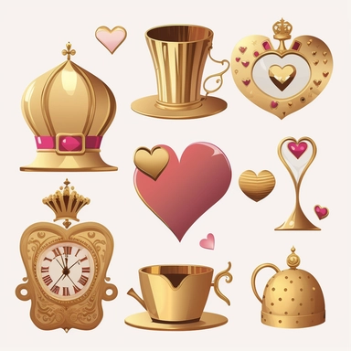 collection of hat , teapot,book, teacup, hearts cards, big crazy hat, gold melting clock , hourglass, queen of hearts , hearts paying cards vector clipart gold and light pink on white background