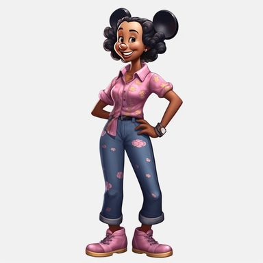 2d, beuatiful vibrant full body happy african american adult mickey mouse woman clipart, dark brown face, pink ears, wearing fun outfit and shoes, disneycore, cartoon realistic