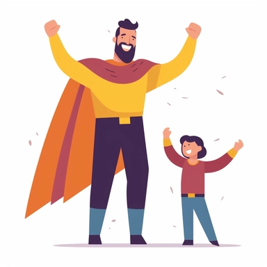 Design an engaging Father's Day clipart featuring a dad dressed as a superhero. The dad should be standing in a confident superhero pose, perhaps with a cape flowing behind him, and the child looking up to him admiringly. Try to incorporate bright, bold colors to highlight the fun and uplifting theme. The dad's superhero costume should have a 'Super Dad' logo on it. The scene should convey the idea that to his child, this dad is a real-life superhero. Make sure the illustration is high-resolutio