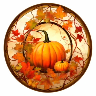 vivacious stined glass pumpkin in a round frame surrounded by fall leaves in rich orange colors, clipart, hd