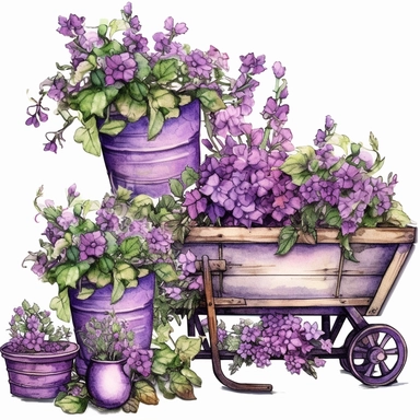 a set of unique EFFERVESCENT watercolor style clip art images in purple and green flowers growing a flower box, other purple flowers growing around it, lavender flowers, Wheelbarrow, dreamy intricate designs, the setting must be a floral dream, a secret garden theme, including garden decorations with elements such as fantasy, fantasy-inspired floral patterns, The overall mood of the images should be a fantasy floral wonderland, with a focus on the beauty and fantasy of gardening, and the eleganc