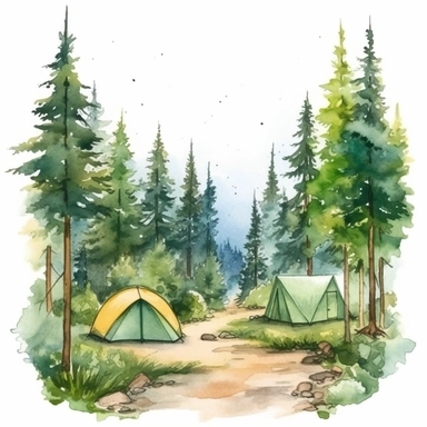 Create a hand drawn watercolor clipart featuring serene forest landscape with tall trees, winding paths, and wildlife, creating a peaceful camping ambiance, 4k