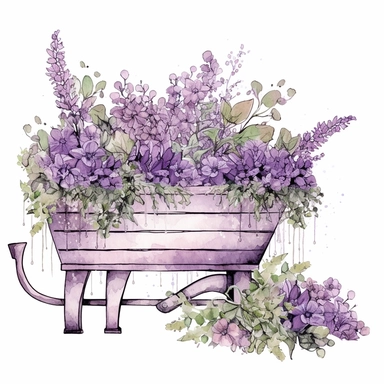 a set of unique EFFERVESCENT watercolor style clip art images in purple and green flowers growing a flower box, other purple flowers growing around it, lavender flowers, Wheelbarrow, dreamy intricate designs, the setting must be a floral dream, a secret garden theme, including garden decorations with elements such as fantasy, fantasy-inspired floral patterns, The overall mood of the images should be a fantasy floral wonderland, with a focus on the beauty and fantasy of gardening, and the eleganc