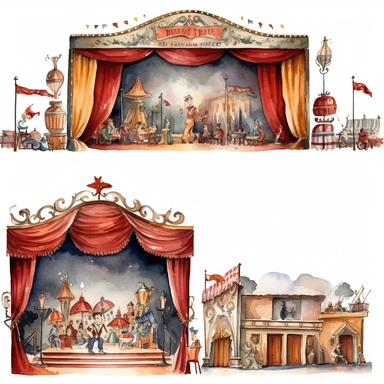 watercolor 1910s 1920s 1930s 1940s theatre stage, illustrations clipart set, simple, , cartoon elements ,different variants ,shows,separate elements with a margin
