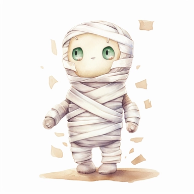 complex watercolor illustration of adorable cute humanoid figure mummy covered in white bandages isolated kawaii,concept,art,8k,hd,kawaii,detailed,white backround,clipart